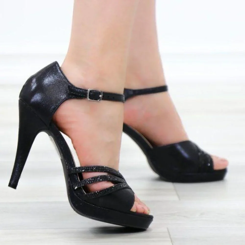 Shimmery Black Satin Platform Heeled Stiletto Sandal - Picture 11 of 11